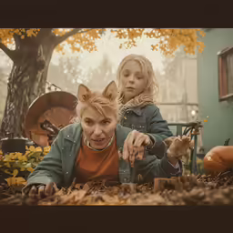 a young girl and her mother in front of pumpkins