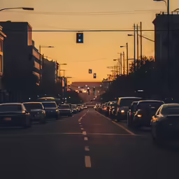 a street full of traffic at sunset with many cars