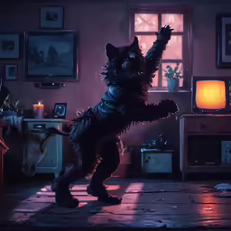 a large cat standing up in the air on a hard wood floor