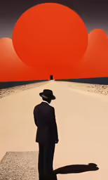 a man in a hat looking at a painting