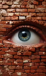 an eye is looking up through brick wall