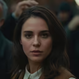 a girl with blue eyes in a crowd of people