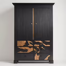 a black cabinet with brown and gold panels