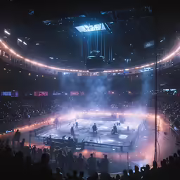 an arena with smoke on it and some lights on
