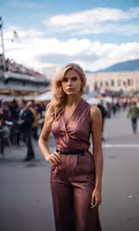 a young blonde woman is standing near a crowd