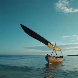 a boat is floating across the water with no sail