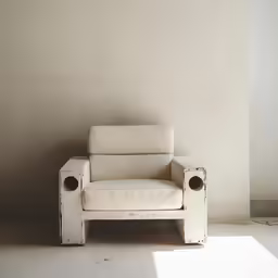 the white couch is empty in the corner by the wall