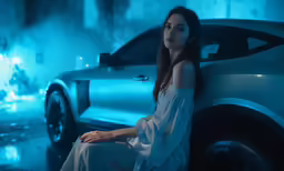 a girl sits against the back of a car in the rain