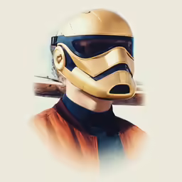 a man in a helmet and orange shirt with a stick