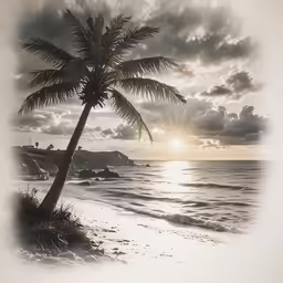 a palm tree on the beach during sunset