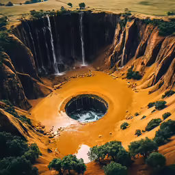 a large brown crater is in the middle of a lake