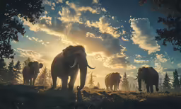 herd of elephants standing on grass under a cloudy sky