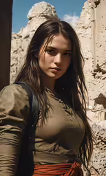 a young girl wearing a brown outfit posing for the camera