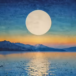 a painting on the water of a mountain range and a large moon in the distance