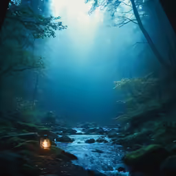 a light sitting on a small log in the middle of a river