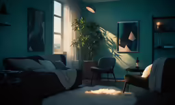 a dark blue room with green walls and green furniture