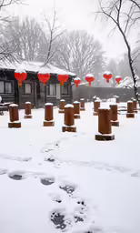 an outdoor pathway lined with hearts shaped decorations and snow
