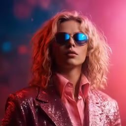woman with blond hair wearing blue sunglasses and shiny pink shirt