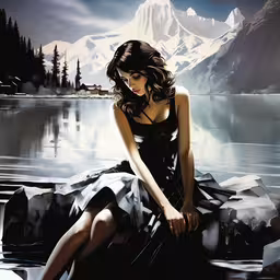 a beautiful woman sitting on top of a rock,a painting of a woman sitting on rocks in a black dress