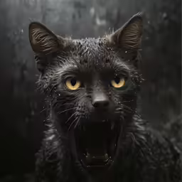 a wet black cat with brown eyes showing teeth