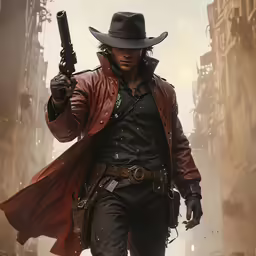 a lone cowboy walking with his gun in the air