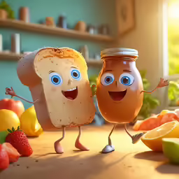 two peanut butter sandwiches with eyes and hands next to fruit