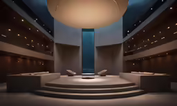 a large auditorium with benches and lights around