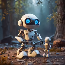 a robot and her baby are walking in a wooded area