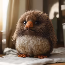 a small brown bird with black eyes on a table