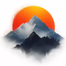 a mountain with mountains and trees is seen against an orange sky