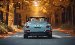 a vintage convertible in front of some trees