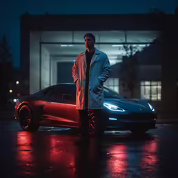 a man standing next to a red sports car