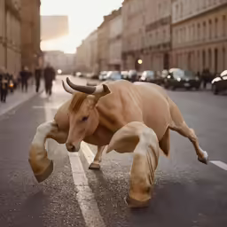 a very big bull walking down a city street