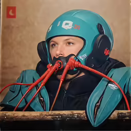 a man wearing a helmet and holding a paddle to his mouth