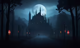 the silhouette of a person is standing in front of a dark, spooked castle