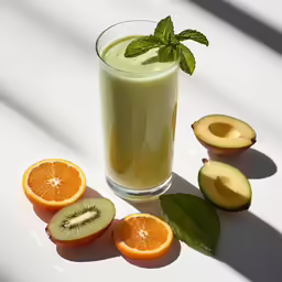 there is a glass of juice with half cut up fruit