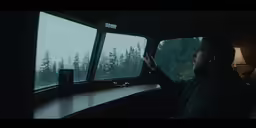 a person looks out a window while holding their hand up