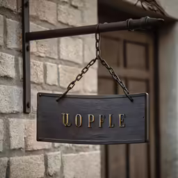 a sign hangs from a chain in front of a brick building