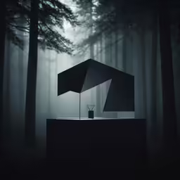 a dark forest scene shows a counter with a sculpture standing in the foreground