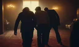 three men in dark room looking into large window