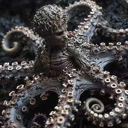 a sculpture of an octopus man and some spirally, plastic gears
