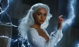 a blonde lady wearing white smoke and holding a cigarette