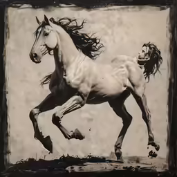 a black and white photo of a horse running