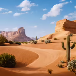 a desert with a cactus tree in the foreground