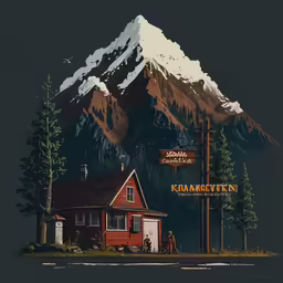 a small cabin with a sign and mountains in the background