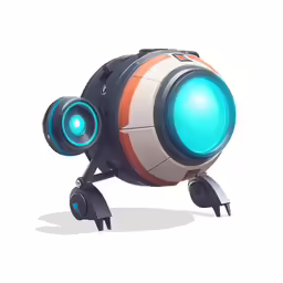 a large mechanical robot with a colorful light on its head