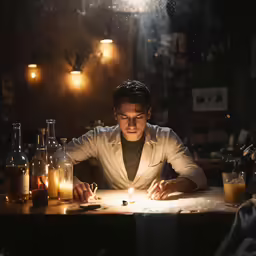 a man lighting a candle in a dimly lit bar
