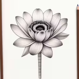 a pencil drawing of a flower, with black and white drawings