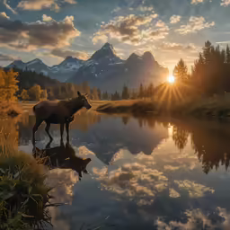 a moose walking along the water near mountains