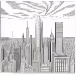 a black and white picture of a city skyline,pencil drawing of a city with skyscrapers